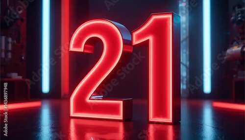 Number Twenty-one Glowing in a Neon Light Setting