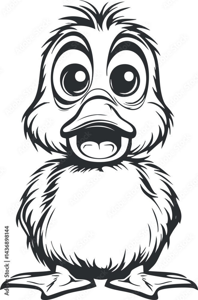 Obraz premium Black and white cartoon illustration of a cute fluffy baby duck with big eyes and a happy expression.