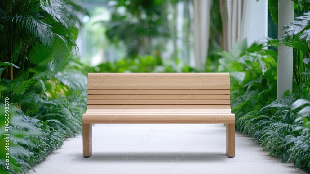 Fototapeta premium Empty wooden park bench in a lush garden setting