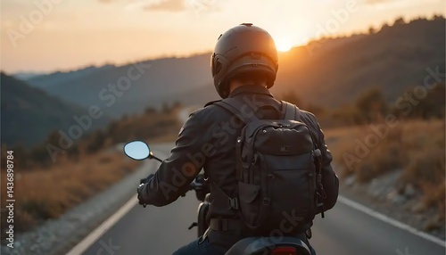 Riding Motorcycle at Sunset on Open Road with Mountain View