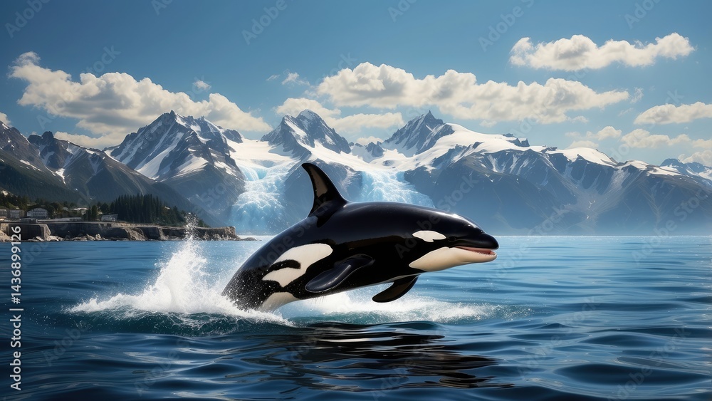 Fototapeta premium Jumping Orca Whale Breaching in Calm Blue Ocean