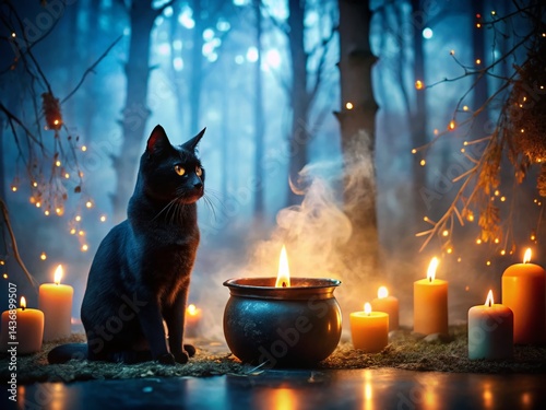 Halloween Black Cat Silhouette Mystical Forest Cauldron Candles Stock Photo