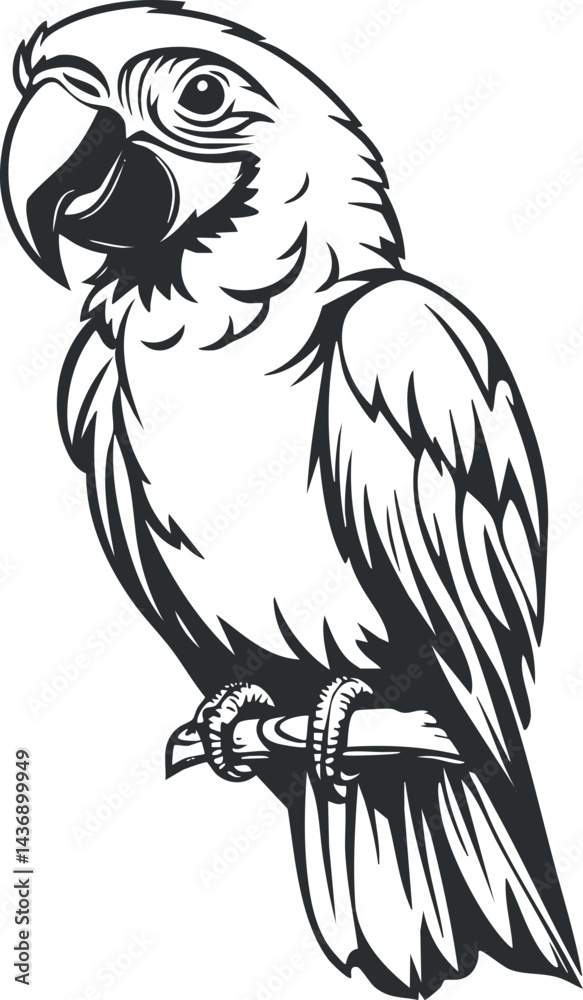 Fototapeta premium Black and white detailed illustration of a parrot perched on a branch, showing feathers and beak