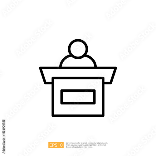 Legal Icon Representing Law and Judgment with a Figure Standing at a Podium in a Courtroom or Judicial Setting