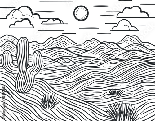 Black and white line art drawing of a desert landscape with cactus hills mountains sun and clouds