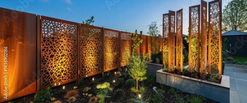 Industrial style corten steel fence panels feature geometric patterns in a modern landscape with dramatic evening lighting.