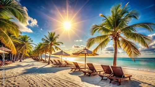 Idyllic Beach Scene: Sun Loungers, Beach Bars & Azure Ocean