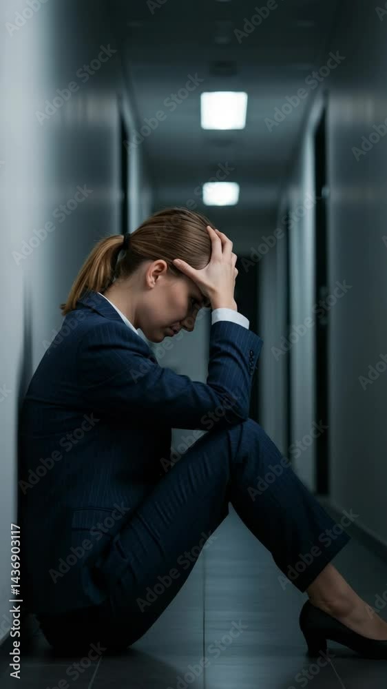 custom made wallpaper toronto digitalVertical video depressed businesswoman sit office hallway illustrating stress burnout emotional struggle perfect for mental health crisis corporate pressure concept content.