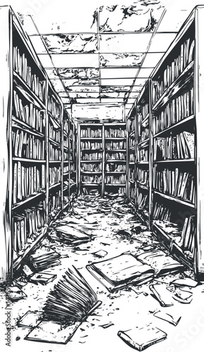 Black and white illustration of an abandoned library hallway with damaged books and shelves scattered on the floor