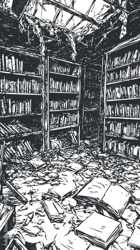 Black and white illustration of a ruined library room with books scattered on the floor and damaged shelves.