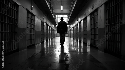 a man walks in a prison hallway background dark black and light