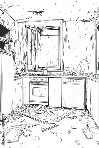 Damaged and abandoned kitchen interior with broken appliances and debris scattered on floor and counters