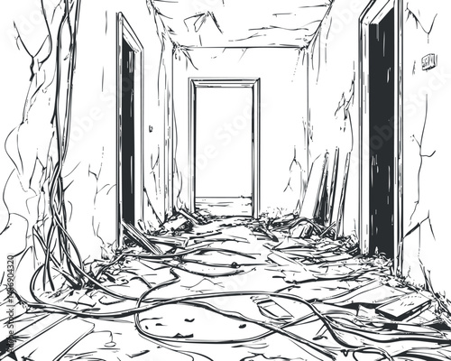 Black and white sketch of a ruined and abandoned hallway filled with debris and broken wires on the floor and cracked walls.