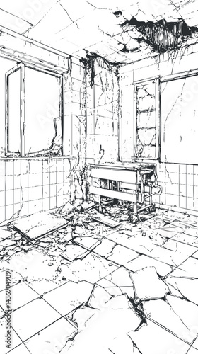 Black and white sketch of an abandoned, damaged room with broken windows, cracked floor tiles, and debris scattered