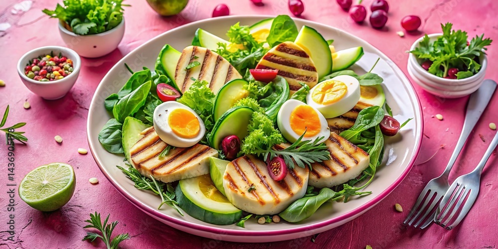 Keto Mediterranean Breakfast: Soft Boiled Eggs, Grilled Haloumi, Avocado & Lettuce on Pastel Background Keto Mediterranean Breakfast: Soft Boiled Eggs, Grilled Haloumi, Avocado & Lettuce on Pastel Background