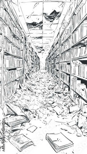 Black and white sketch of a damaged and abandoned library hallway with broken books and debris scattered