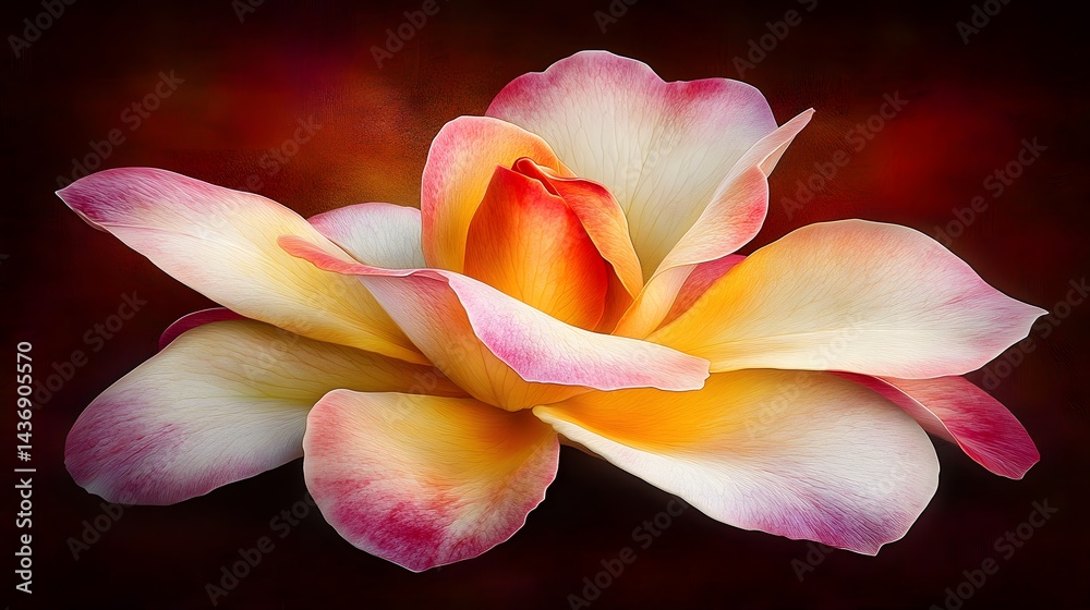 Fototapeta premium Exquisite digital painting illustration of a single vibrant yellow pink rose flower bloom against a dark textured background art