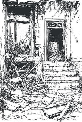 Black and white sketch of a ruined abandoned building with broken stairs rubble and overgrown vines