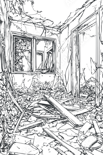 Black and white line drawing of an abandoned, ruined room filled with debris and broken structures