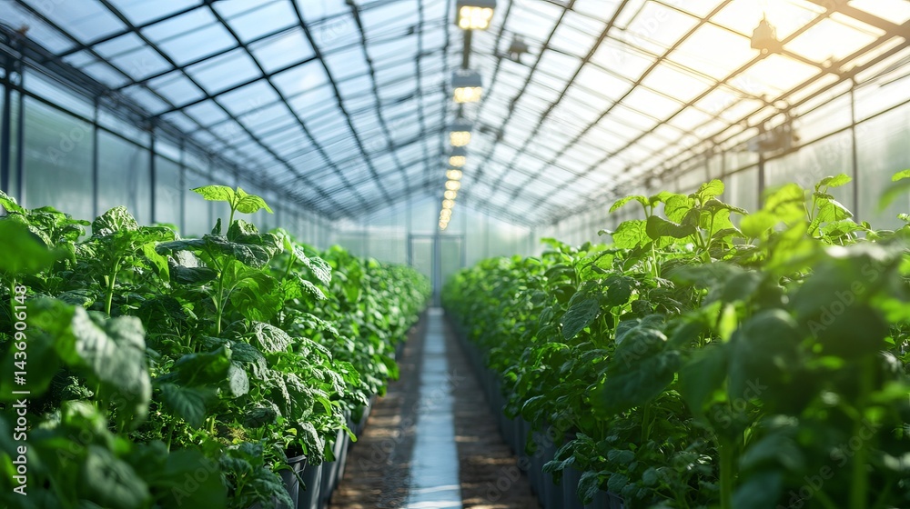 Rows of vibrant green plants growing inside a greenhouse with a translucent ceiling letting in sunlight Rows of vibrant green plants growing inside a greenhouse with a translucent ceiling letting in sunlight
