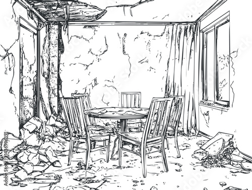 Black and white sketch of an abandoned and ruined room with a round table and wooden chairs surrounded by debris and cracked walls.