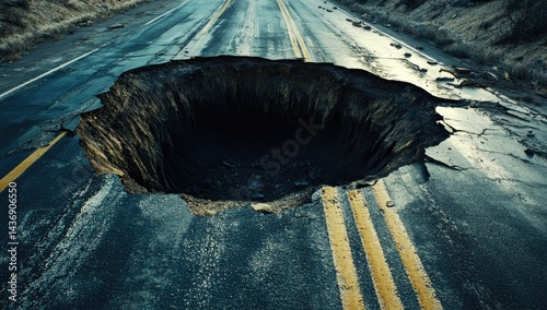 Large Pothole on Dark Gray Asphalt Road