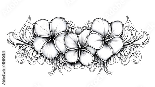 Ornate plumeria floral design, a stylized decorative illustration.