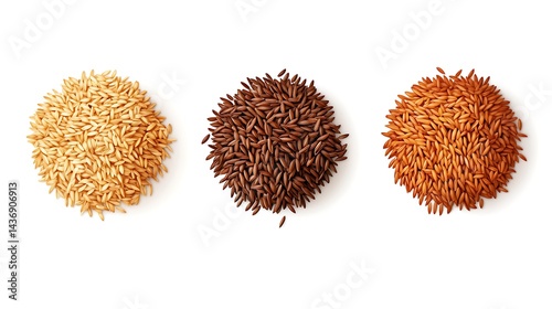 Three piles of uncooked brown rice varieties.