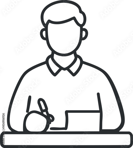 Line art illustration of a person writing on paper at a desk with a pen in hand