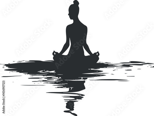 Silhouette of a woman meditating in a lotus pose on calm water with clear reflection, symbolizing peace and mindfulness.