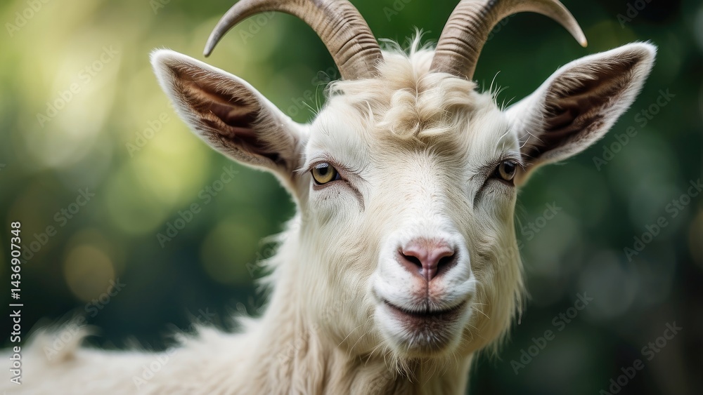 Close-Up Portrait of White Goat at Sunset in Pasture Close-Up Portrait of White Goat at Sunset in Pasture