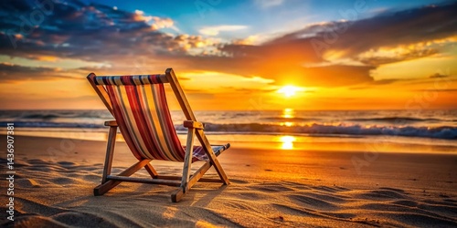Low Light Beach Scene: Sun Setting on Empty Beach Chair