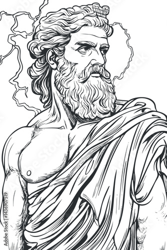 Detailed black and white line art of Zeus, the ancient Greek god of thunder and lightning, depicted with a muscular build and flowing beard.