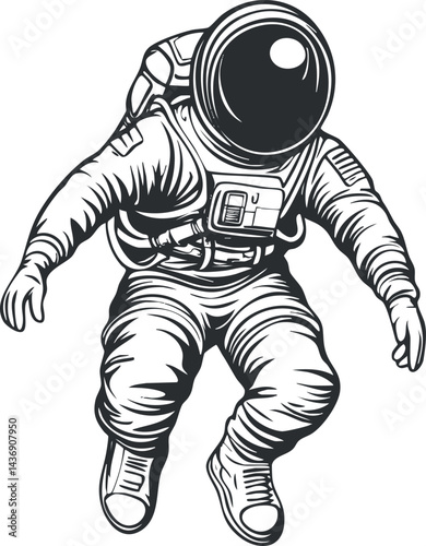 Black and white vector illustration of an astronaut in a spacesuit floating in zero gravity during a spacewalk