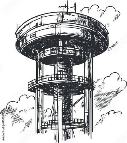 Hand-drawn black and white sketch of a cylindrical elevated water tower with structural supports and clouds in the background.