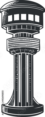 Black and white vintage illustration of a watchtower with observation deck and cylindrical pillar structure.