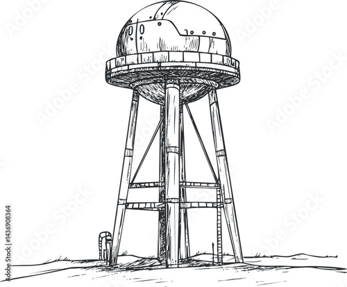 Black and white sketch of an elevated water storage tower with metal support structure outdoors