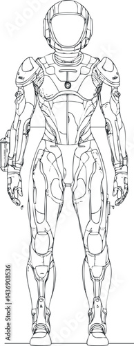 Outline illustration of a futuristic female android robot wearing a detailed mechanical suit and helmet