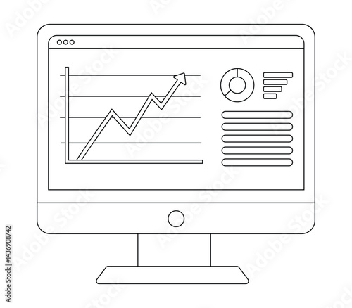 Web analytic information on Computer screen line icon, trend graphs report concept. statistic charts for planning and accounting, analysis, audit.