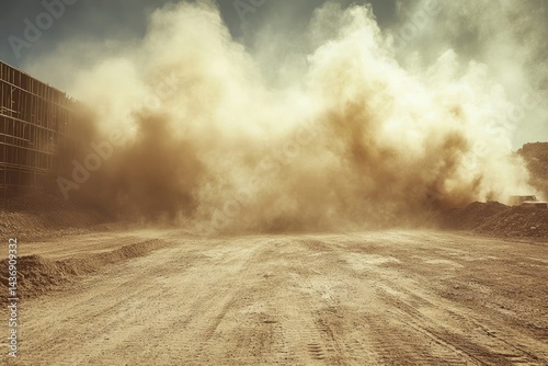 A large dust cloud billows across a construction site, obscuring vehicles and structures.