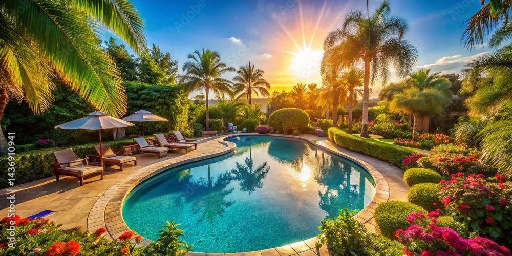 Fototapeta premium Luxury Resort Poolside Paradise: Stunning View with Copy Space