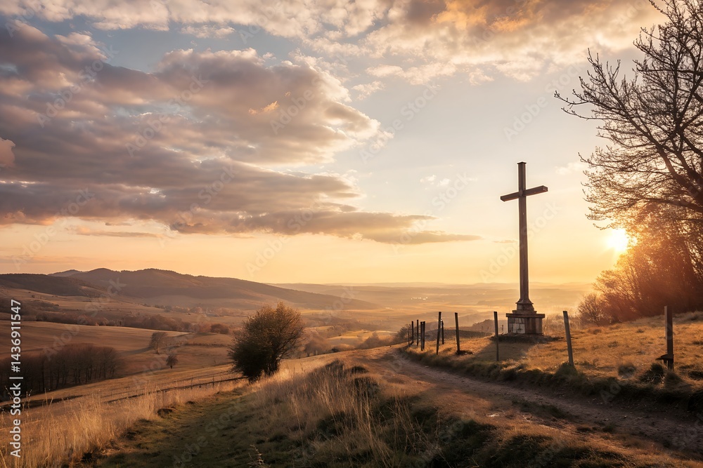 Obraz premium Good Friday concept: cross with sunset in the sky background 