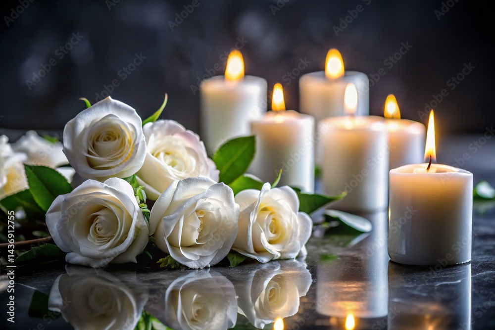 Obraz premium Macro Photography: White Roses & Candles, Funeral Memorial Sympathy Card Design