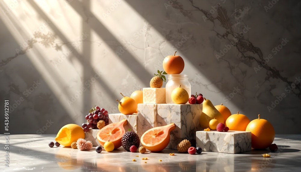 Fototapeta premium Sunlit Still Life Fresh Fruit Arrangement on Marble Blocks