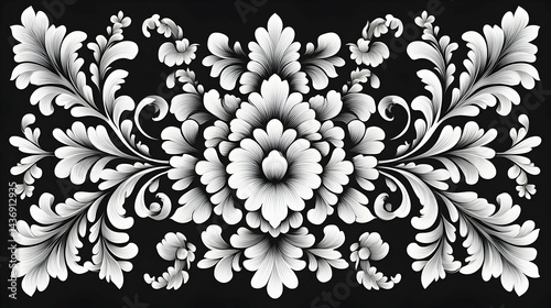 Ornate, symmetrical floral design in light gray and black.