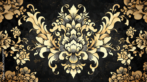 Wallpaper Mural Ornate, gold-toned floral design on a dark backdrop. Torontodigital.ca