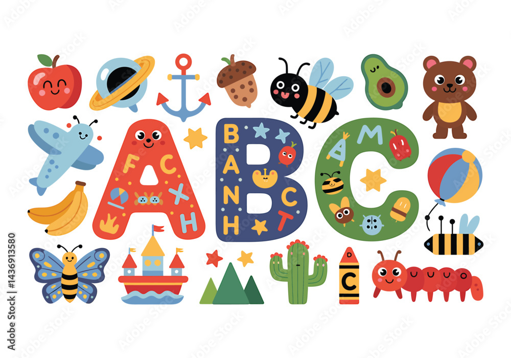 Fototapeta premium Colorful ABC Vector Set: Learning Alphabet with Objects