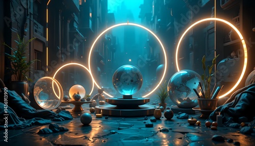 Wallpaper Mural Futuristic Cityscape Scene with Glowing Circles and Crystal Spheres Torontodigital.ca