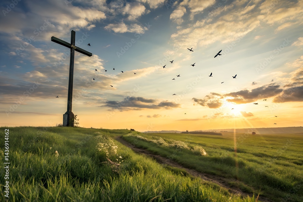 Obraz premium Easter Religious concept: The cross on meadow autumn sunrise background 