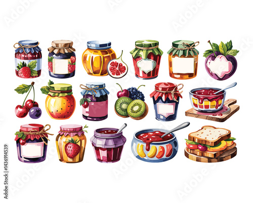 Watercolor Fruit Jam Vector Set: Homemade Preserves